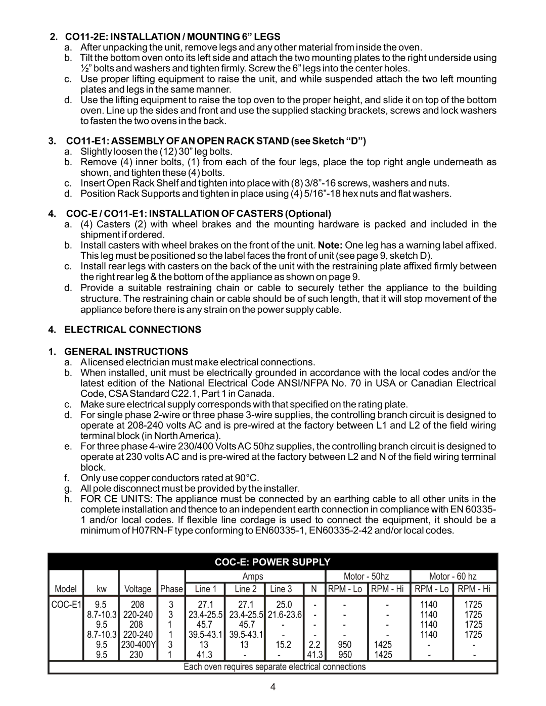 Bakers Pride Oven CO-11E manual CO11-2E Installation / Mounting 6 Legs, Electrical Connections General Instructions 