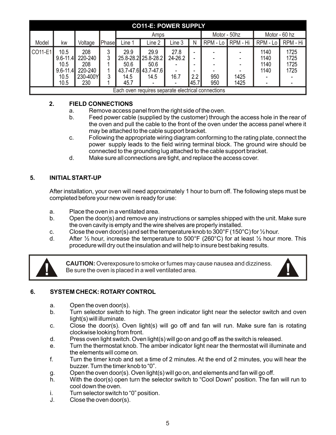 Bakers Pride Oven CO-11E manual CO11-E Power Supply, Field Connections, Initial START-UP, System Check Rotary Control 