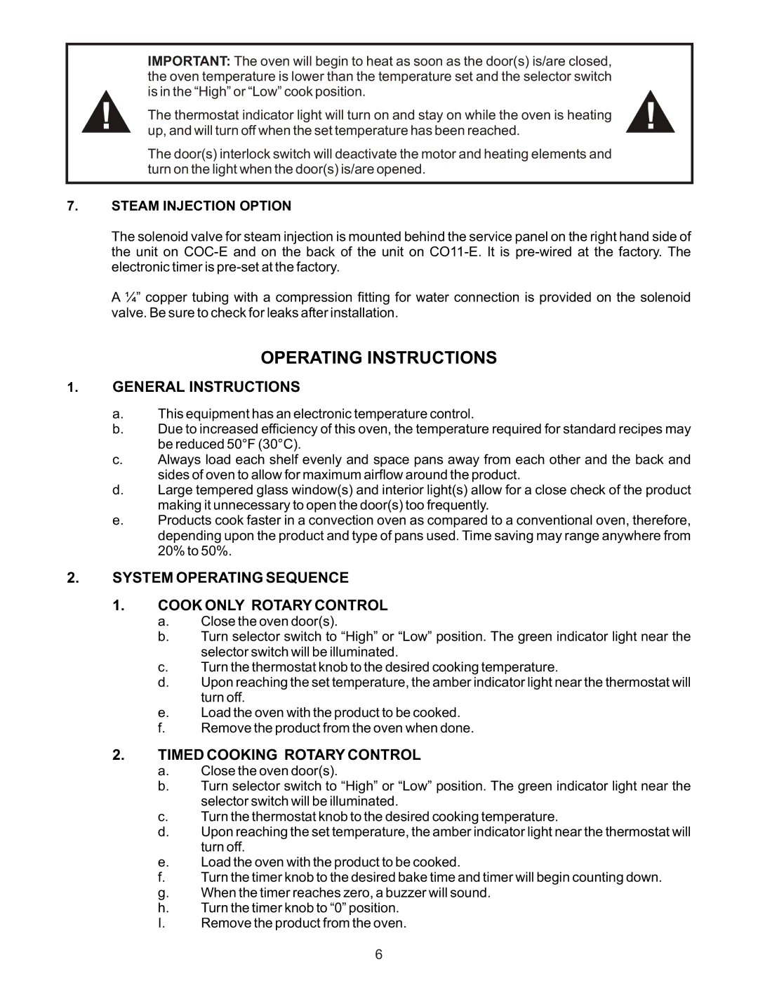 Bakers Pride Oven CO-11E manual General Instructions, Steam Injection Option 