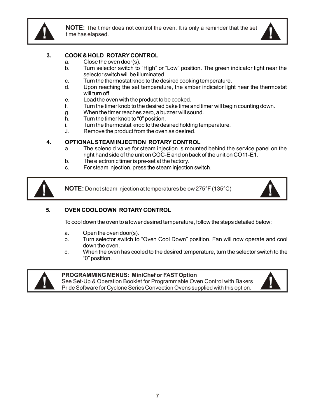 Bakers Pride Oven CO-11E manual Cook & Hold Rotary Control, Optional Steam Injection Rotary Control 