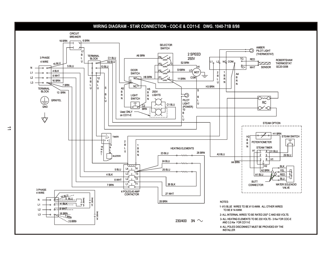 Bakers Pride Oven CO-11E manual WIRING DIAGRAM - STAR CONNECTION - COC-E& CO11-E, DWG. 1040-71B8/98, Speed 