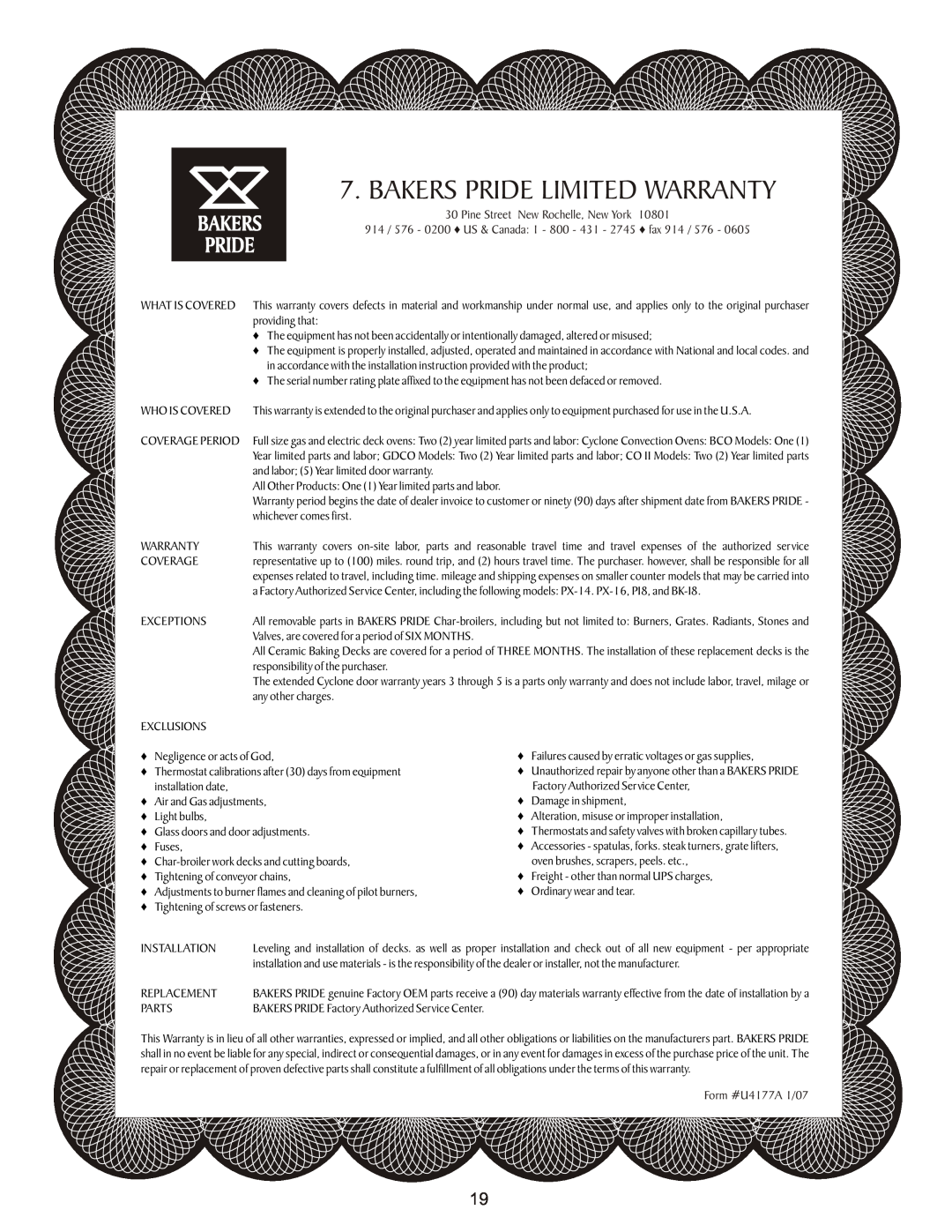 Bakers Pride Oven CO-11E manual Bakers Pride Limited Warranty, Pine Street New Rochelle, New York, Form #U4177A 1/07 