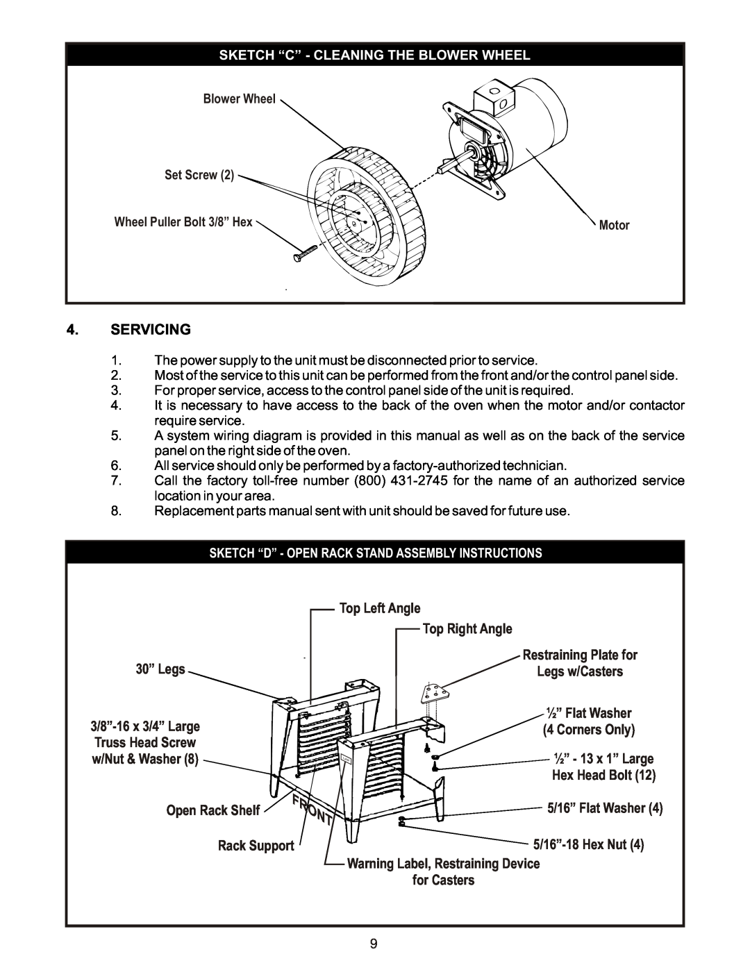 Bakers Pride Oven CO-11E manual Servicing, Sketch “C” - Cleaning The Blower Wheel, Set Screw, Wheel Puller Bolt 3/8” Hex 