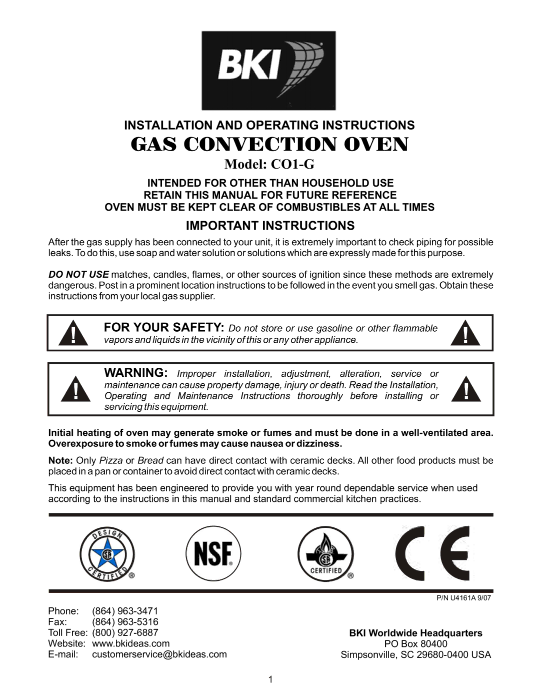 Bakers Pride Oven CO1-G manual Installation and Operating Instructions, Important Instructions 