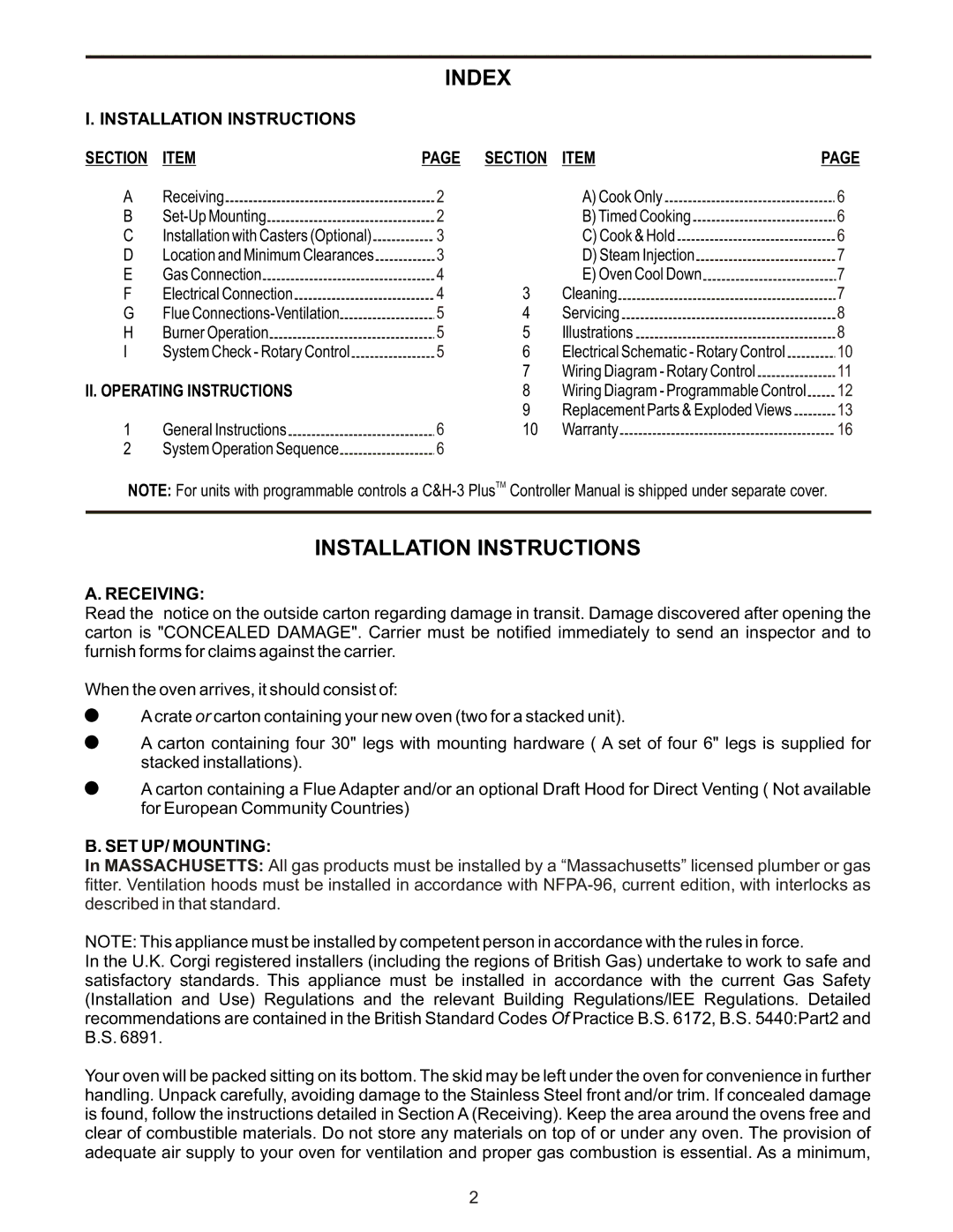 Bakers Pride Oven CO1-G manual Index, Installation Instructions 