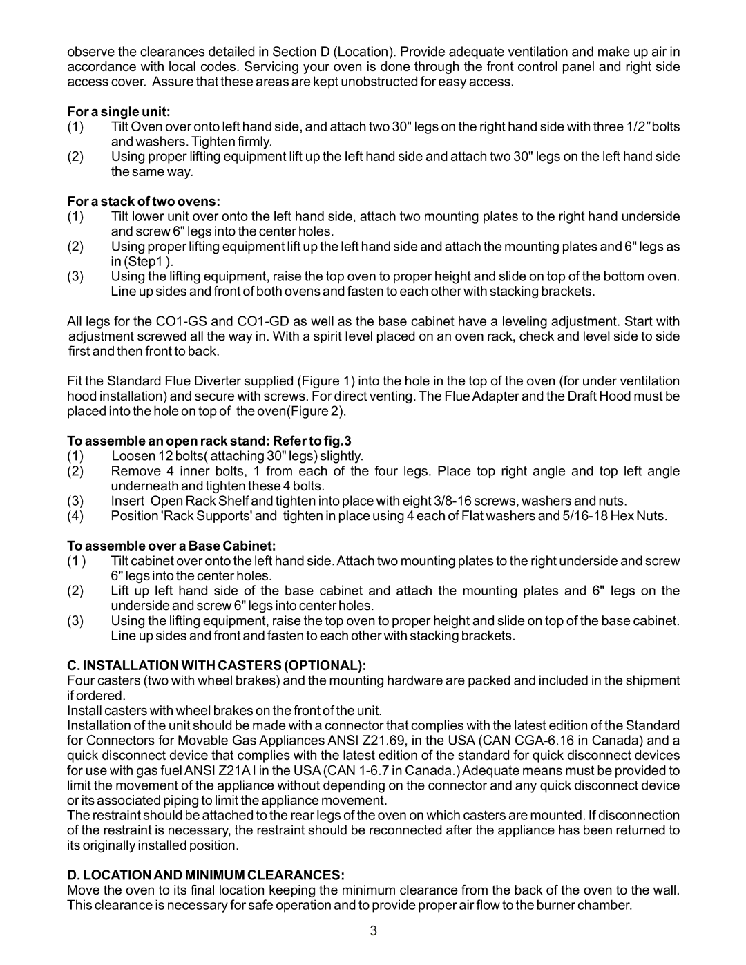 Bakers Pride Oven CO1-G manual Installation with Casters Optional, Location and Minimum Clearances 