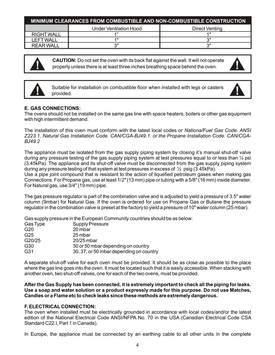 Bakers Pride Oven CO1-G manual GAS Connections, Electrical Connection 