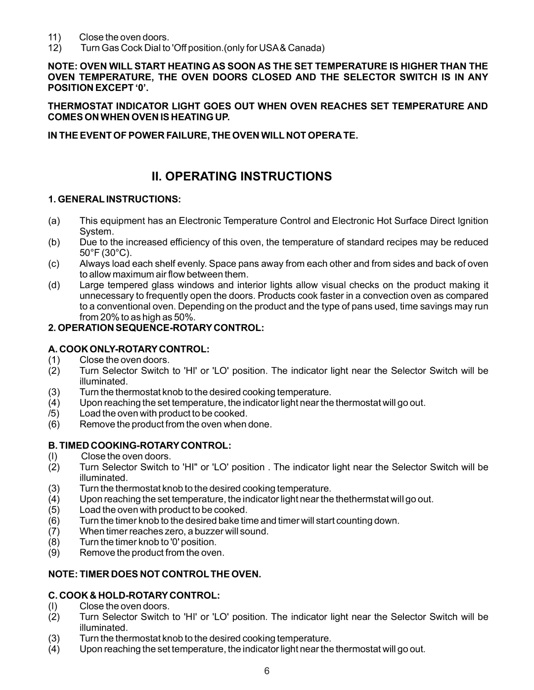 Bakers Pride Oven CO1-G manual II. Operating Instructions, General Instructions, Timed COOKING-ROTARY Control 