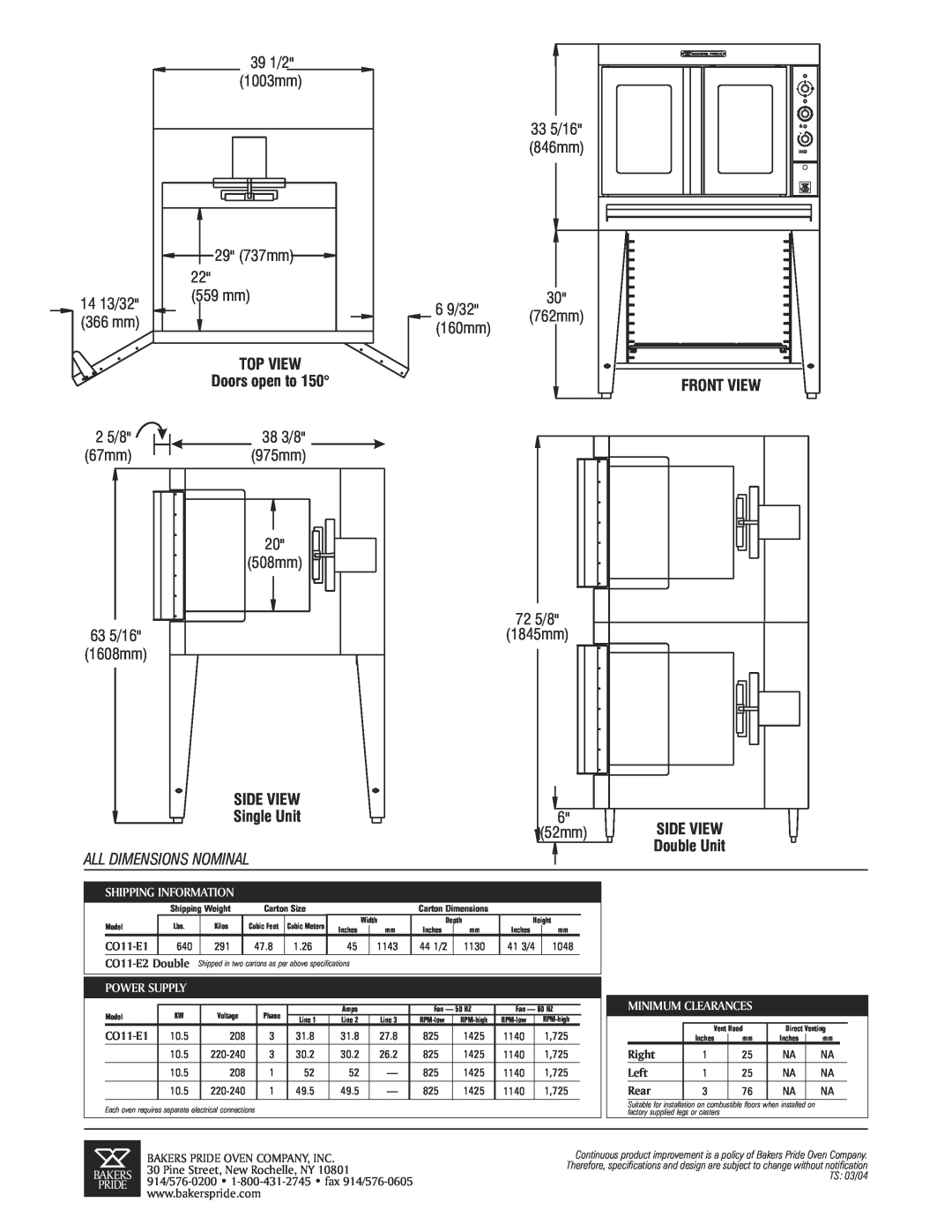Bakers Pride Oven CO11-E2 TOP VIEW Doors open to, Front View, Side View, Single Unit, 152mm, All Dimensions Nominal 