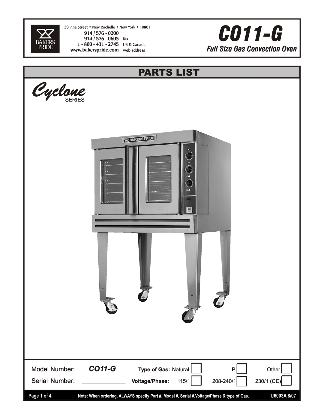 Bakers Pride Oven CO11-G manual Full Size Gas Convection Oven, 0200, 0605, 2745, Series, Type of Gas Natural, Page 1 of 