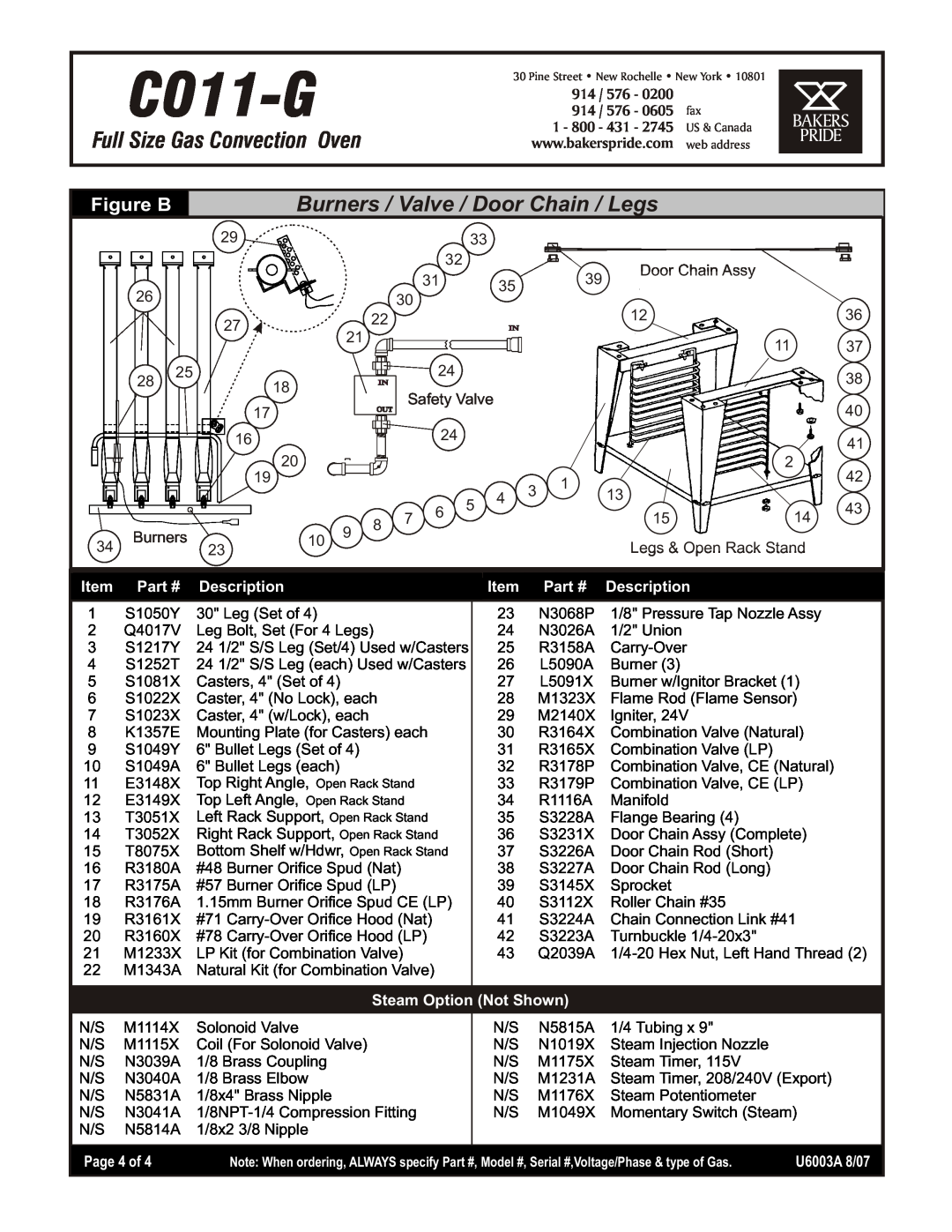 Bakers Pride Oven CO11-G Figure B, 914, Door Chain Assy, Safety Valve, Burners, Legs & Open Rack Stand, Page 4 of, Oven 