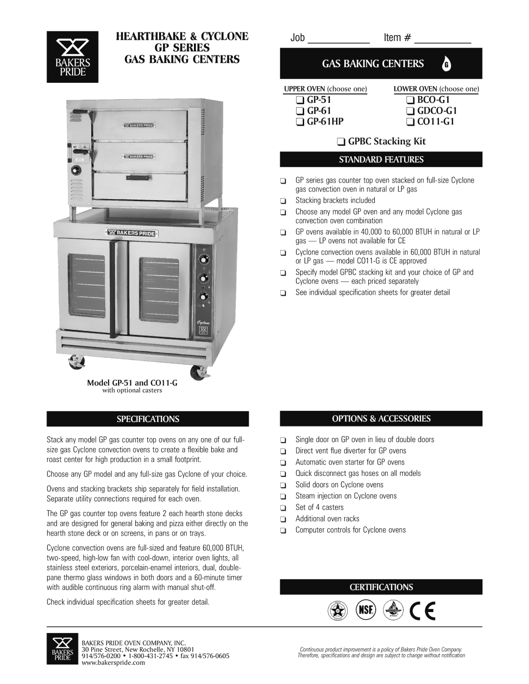 Bakers Pride Oven GP-61, CO11-G1 specifications Specifications, Standard Features, Options & Accessories, Certifications 