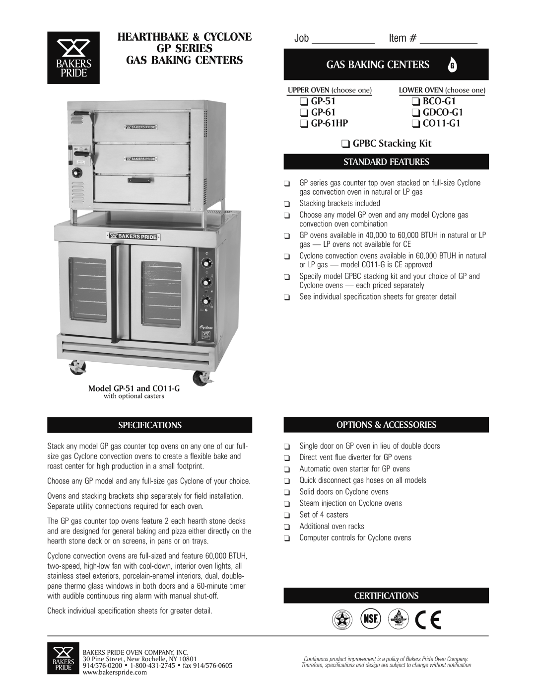 Bakers Pride Oven GP-61 specifications Hearthbake & Cyclone Gp Series, Bakers Gas Baking Centers Pride, Job, Item #, GP-51 