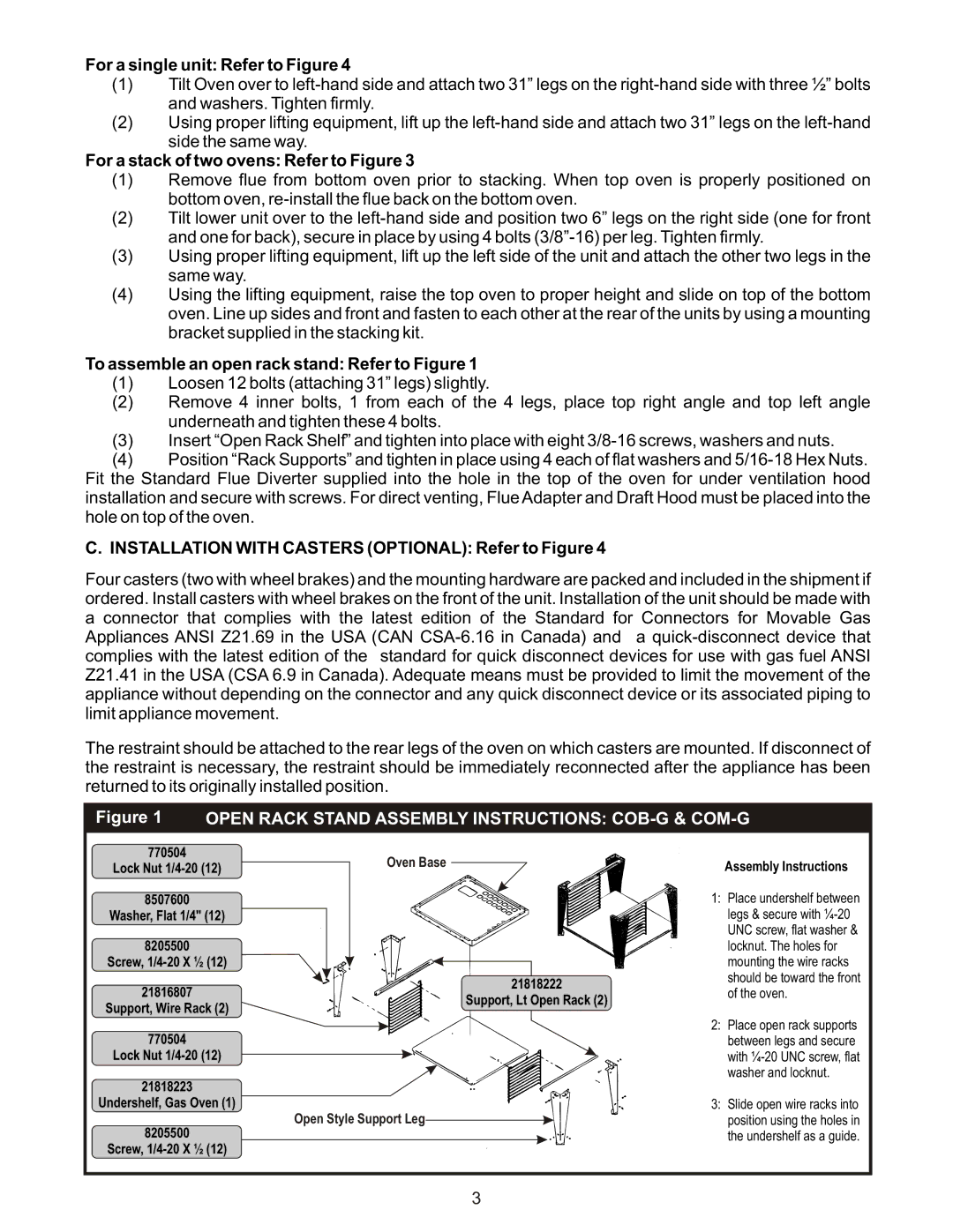 Bakers Pride Oven COB-GD, COB-GS manual For a single unit Refer to Figure, For a stack of two ovens Refer to Figure 