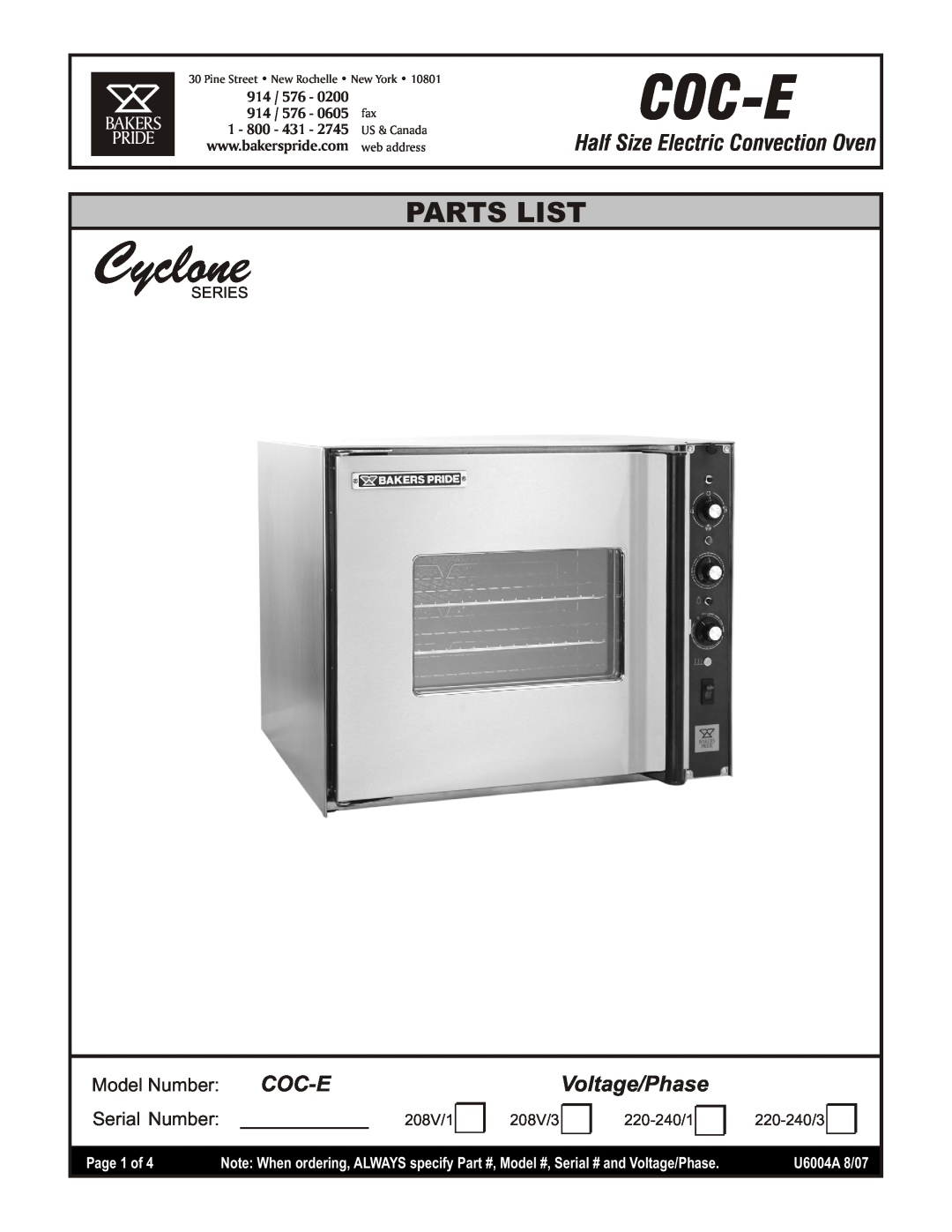 Bakers Pride Oven COC-E manual Coc-E, Voltage/Phase, Half Size Electric Convection Oven, 0200, 0605, 2745, Page 1 of 