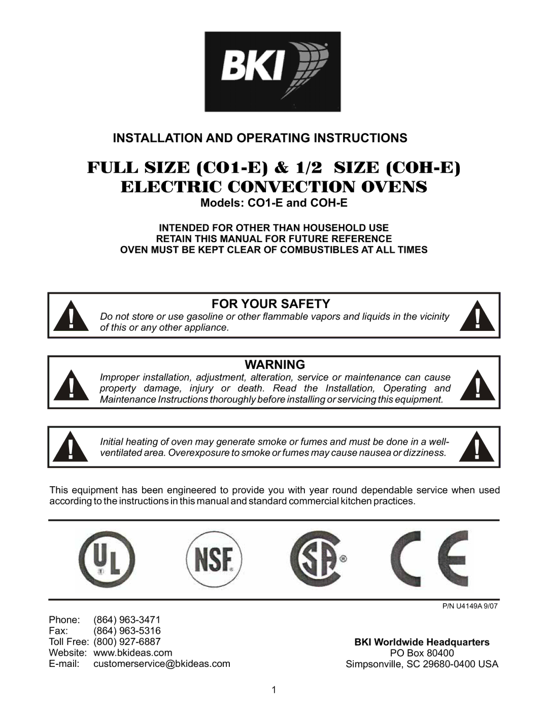 Bakers Pride Oven COH-ES, COH-ED operating instructions Full Size CO1-E & 1/2 Size COH-E Electric Convection Ovens 