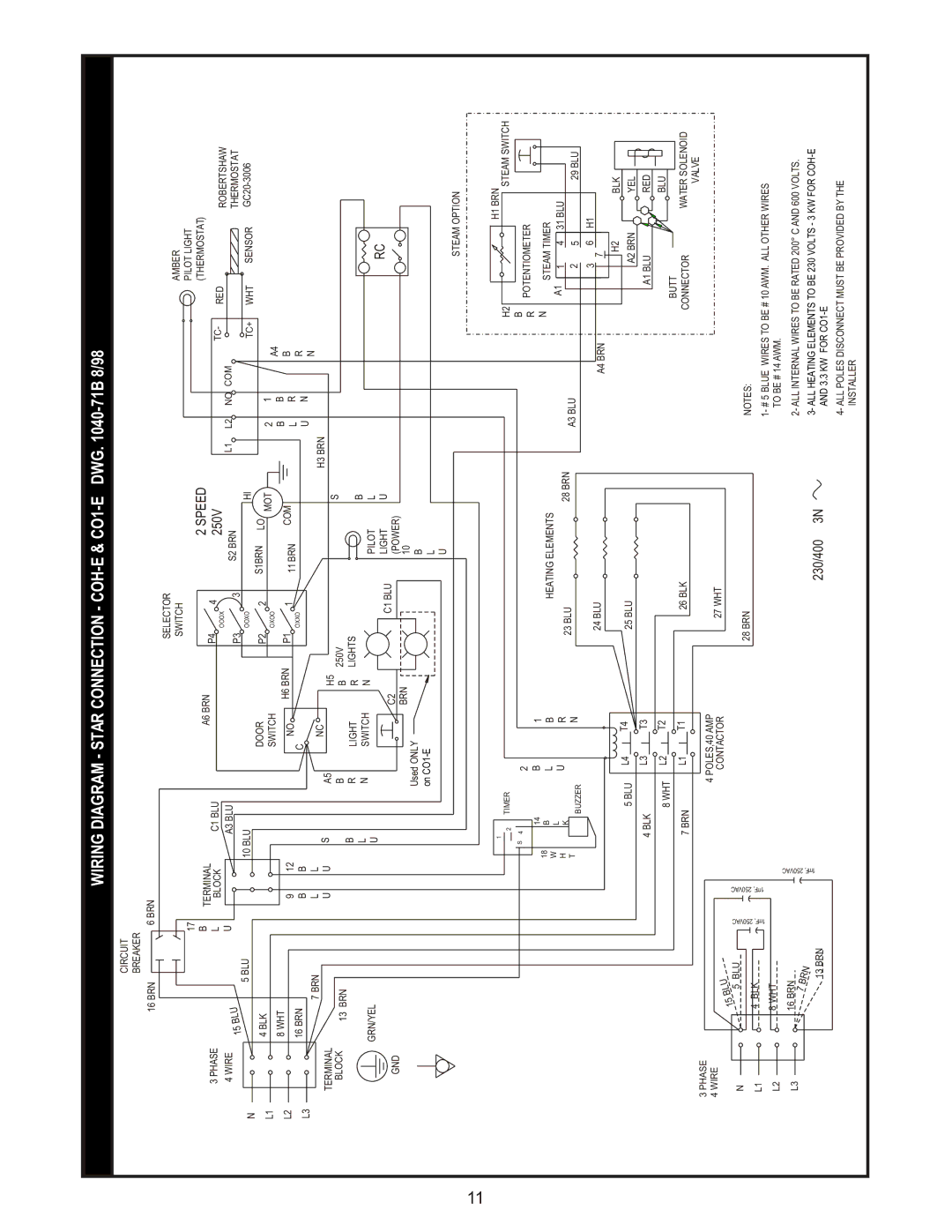 Bakers Pride Oven COH-ES, COH-ED operating instructions Wiring Diagram Star Connection COH-E & CO1-E DWG -71B 8/98 