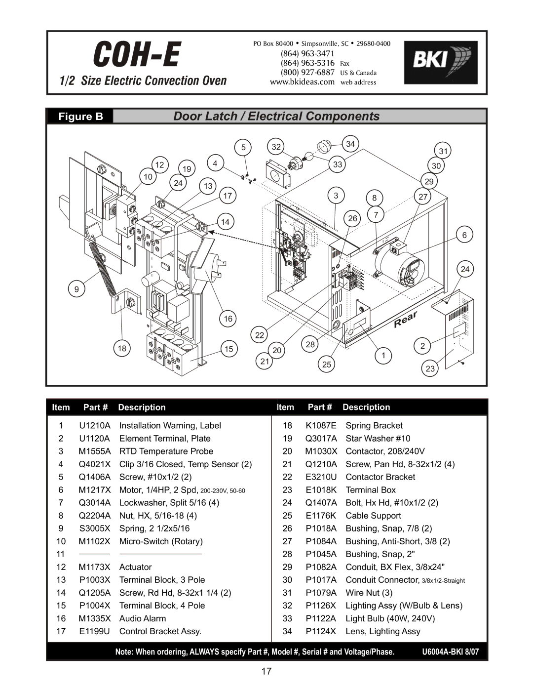 Bakers Pride Oven COH-ES, COH-ED operating instructions Door Latch / Electrical Components 