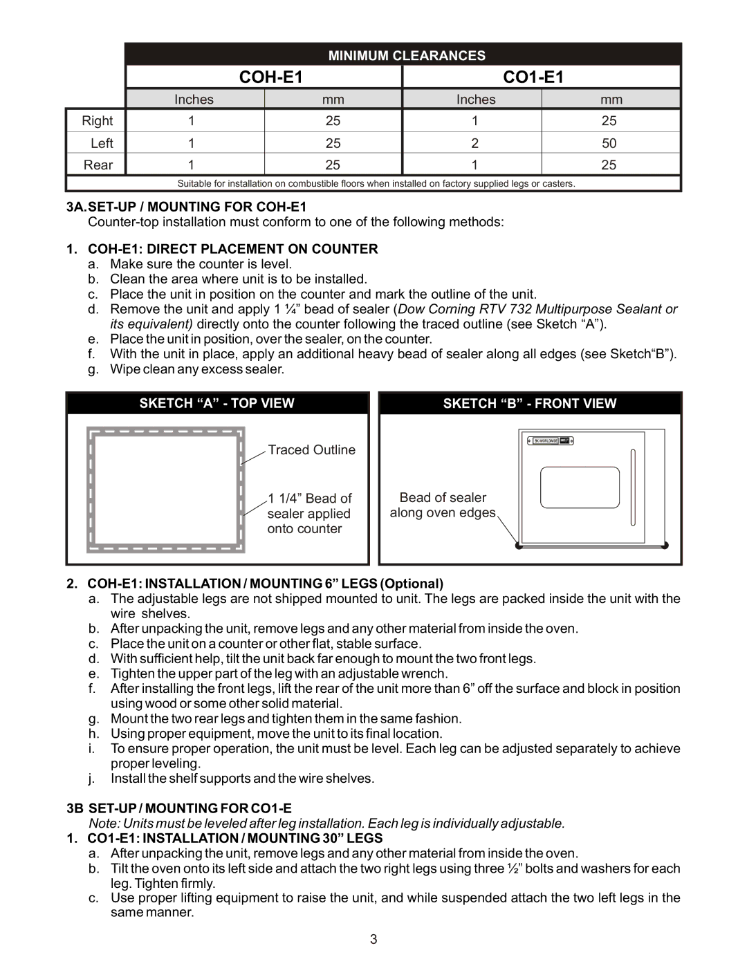 Bakers Pride Oven COH-ES, COH-ED operating instructions 3A.SET-UP / Mounting for COH-E1, COH-E1 Direct Placement on Counter 