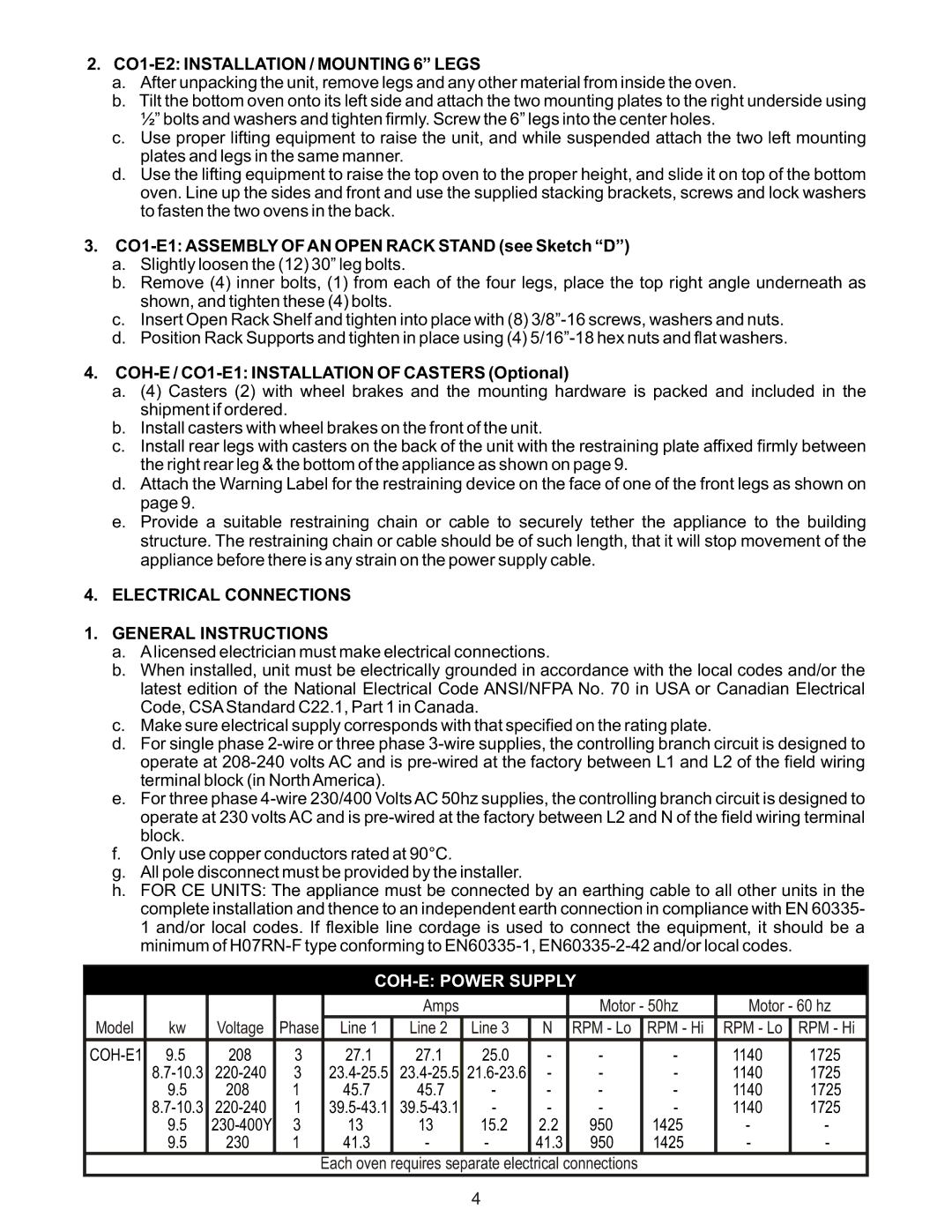 Bakers Pride Oven COH-ED, COH-ES CO1-E2 Installation / Mounting 6 Legs, Electrical Connections General Instructions 