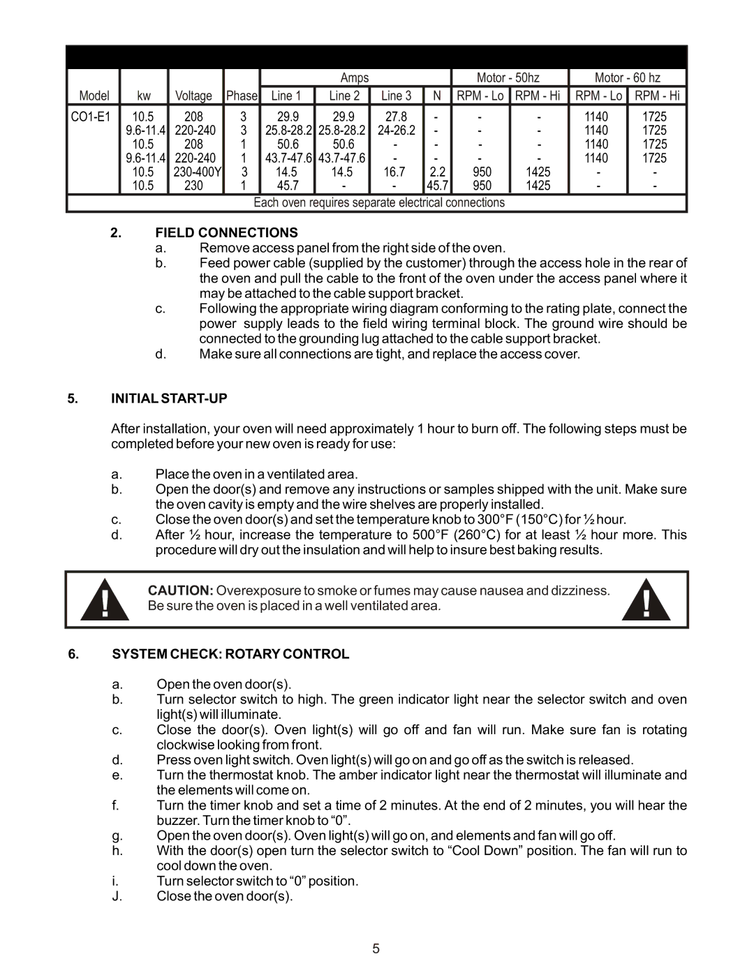 Bakers Pride Oven COH-ES, COH-ED CO1-E Power Supply, Field Connections, Initial START-UP, System Check Rotary Control 