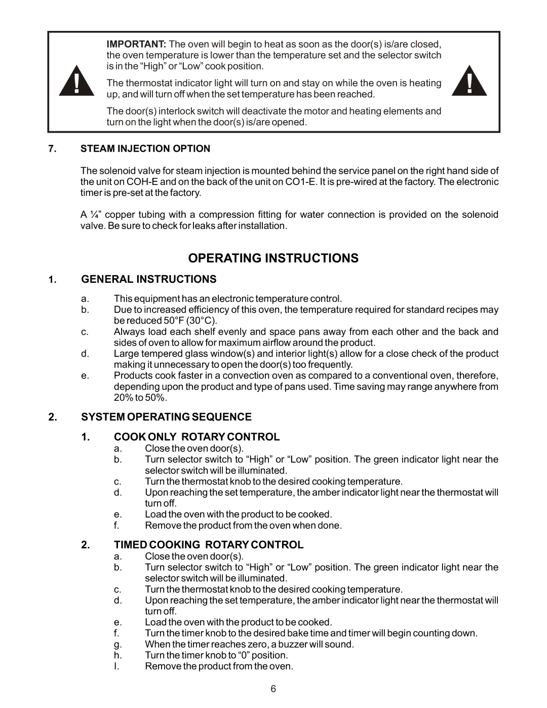 Bakers Pride Oven COH-ED, COH-ES operating instructions General Instructions, Steam Injection Option 