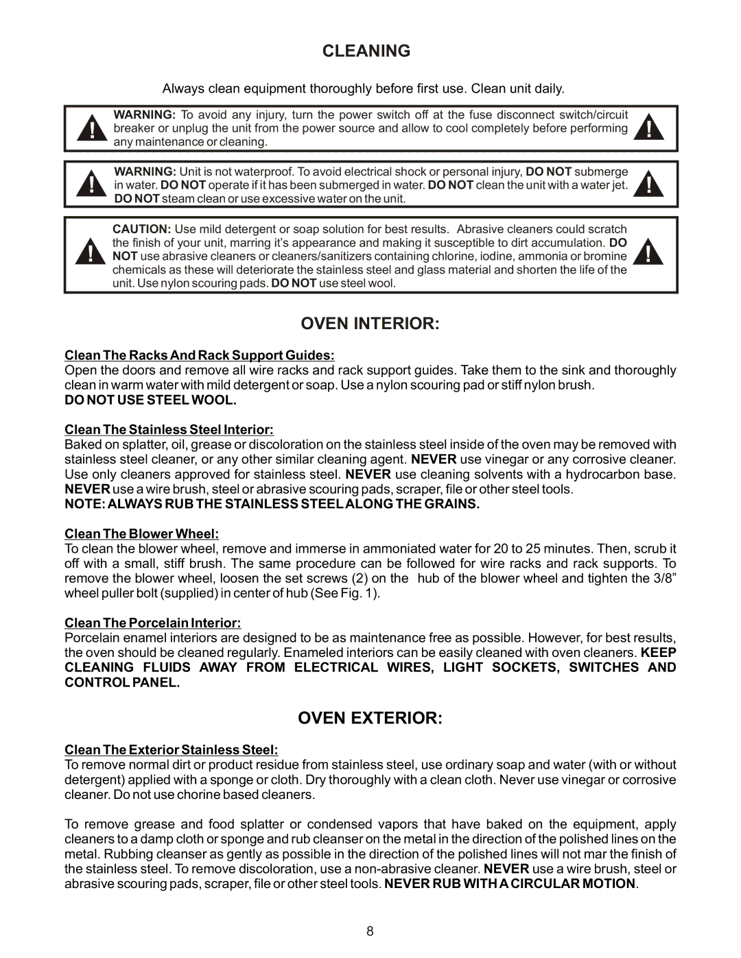 Bakers Pride Oven COH-ED, COH-ES operating instructions Cleaning, Do not USE Steel Wool 