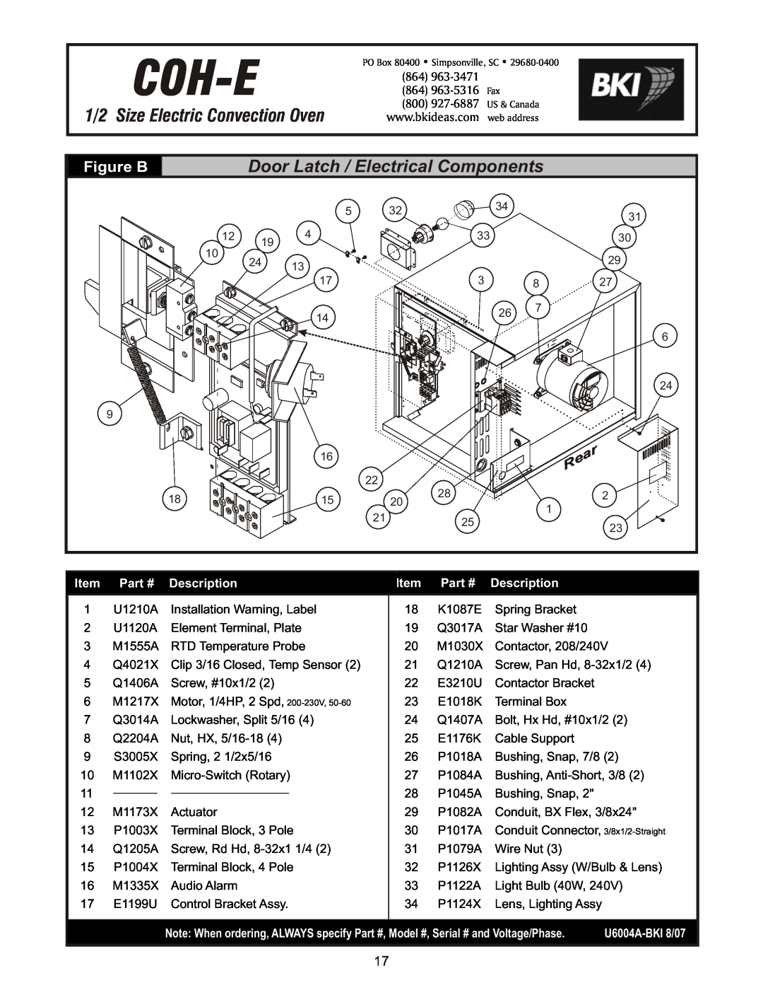 Bakers Pride Oven COH-ES Door Latch / Electrical Components, Coh-E, 1/2 Size Electric Convection Oven, Figure B, Page 2 of 