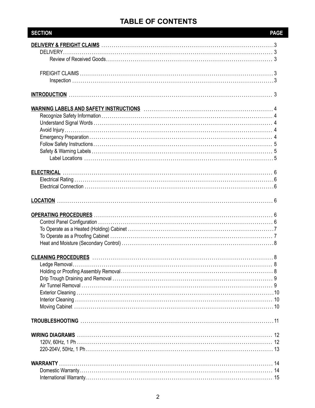 Bakers Pride Oven CPH70-MP17 operating instructions Table of Contents 