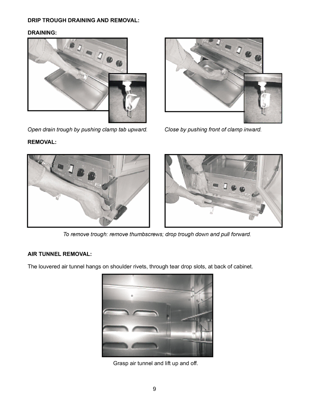 Bakers Pride Oven CPH70-MP17 operating instructions Drip Trough Draining and Removal, AIR Tunnel Removal 