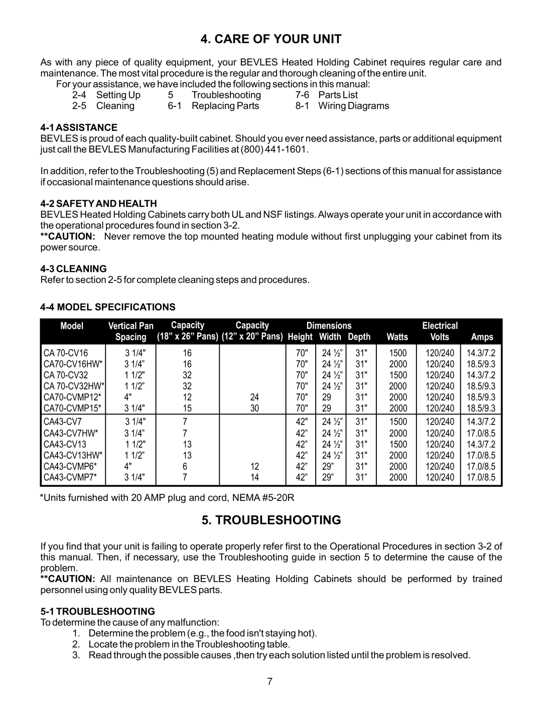 Bakers Pride Oven CS43-CVMP6-SB Care of Your Unit, Troubleshooting, Assistance, Safetyand Health, Model Specifications 