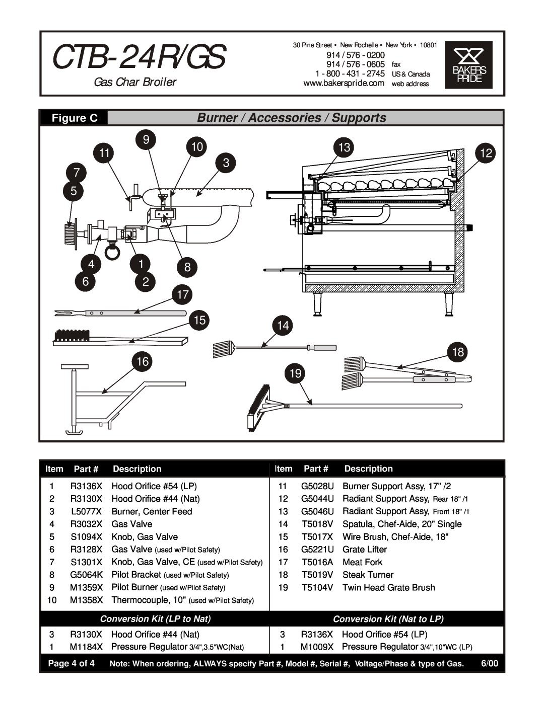 Bakers Pride Oven CTB-24R Burner / Accessories / Supports, Pride, Figure C, 914 / 576, 1 - 800, Description, Page 4 of 
