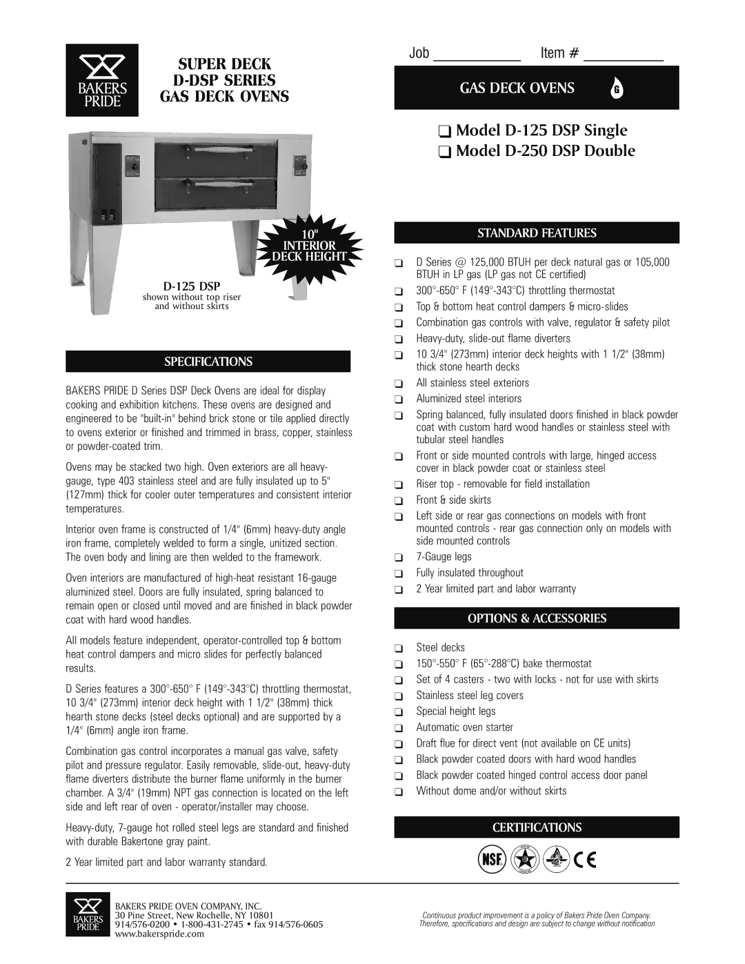 Bakers Pride Oven D-150 DSP specifications Interior Deck Height, Specifications, Standard Features, Options & Accessories 