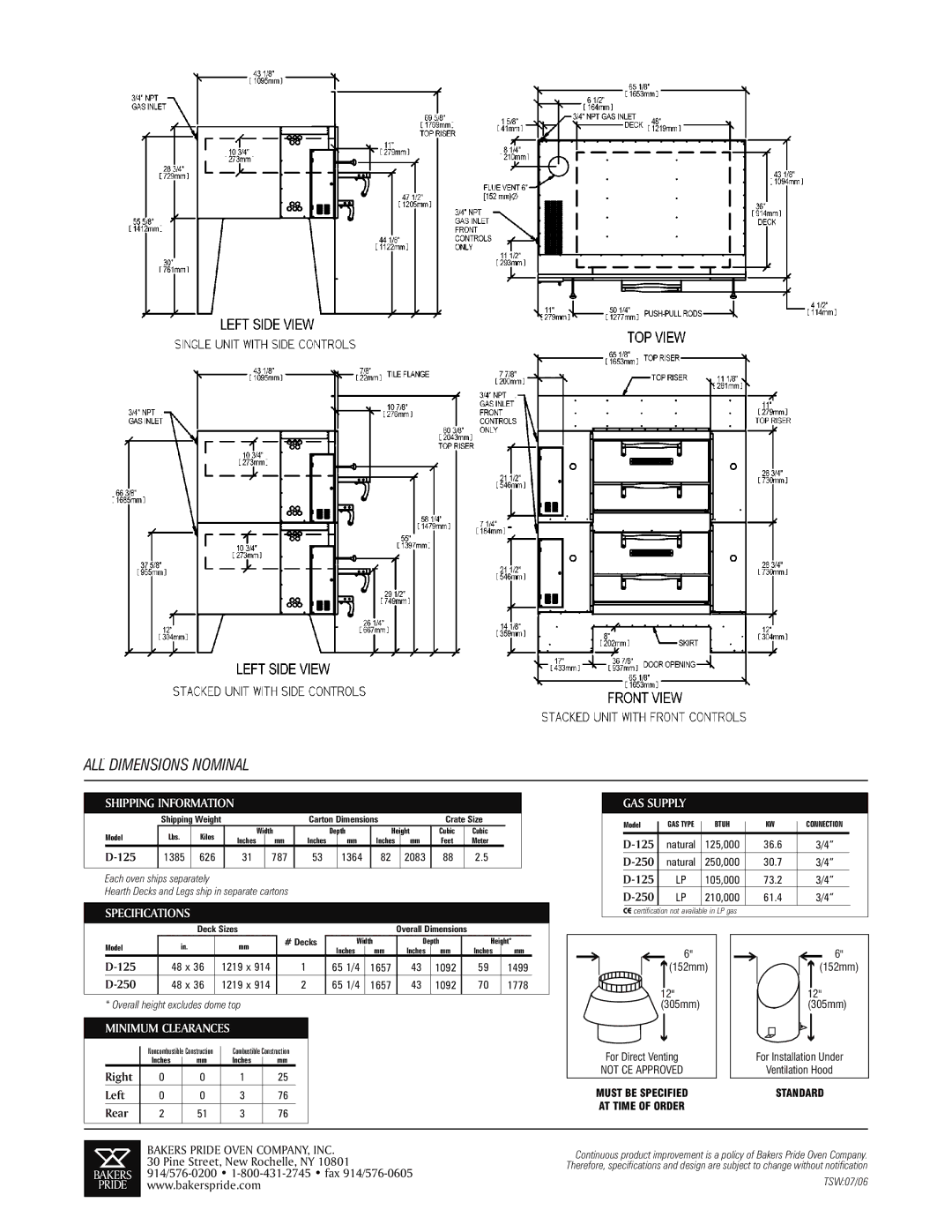 Bakers Pride Oven D-125 DSP, D-150 DSP specifications Shipping Information, Minimum Clearances, GAS Supply 