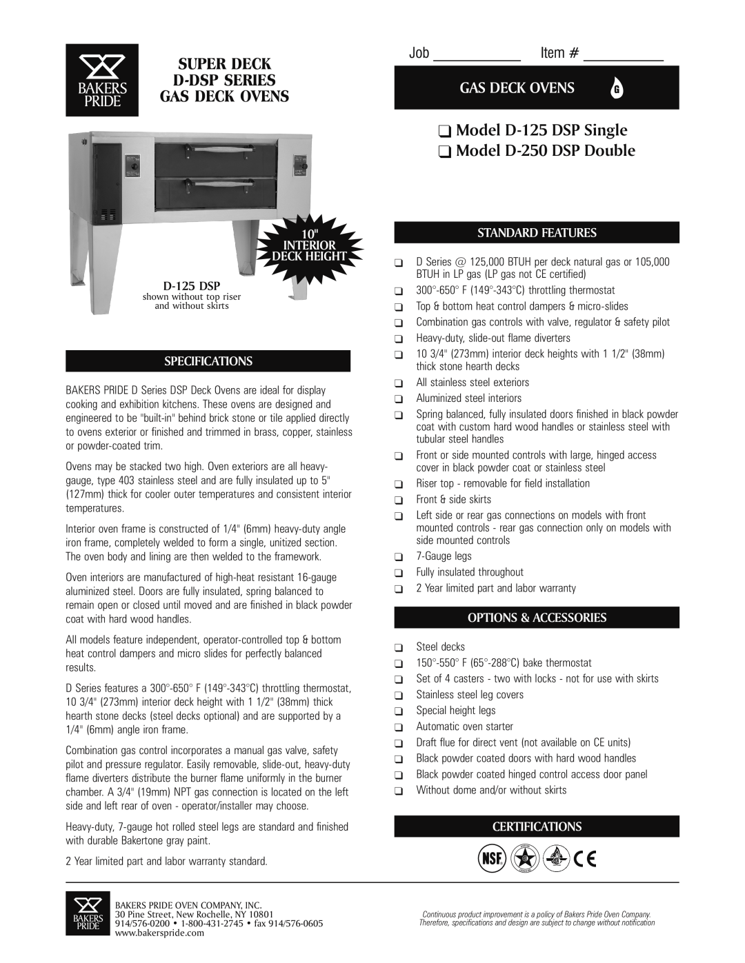 Bakers Pride Oven D-150 DSP specifications Model D-125DSP Single Model D-250DSP Double, Gas Deck Ovens, Job Item #, Bakers 