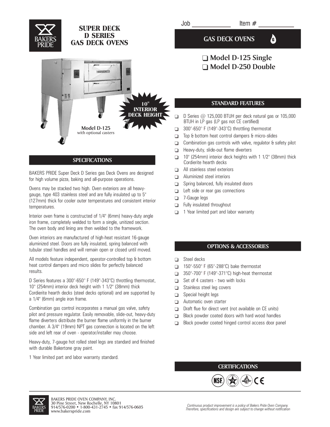 Bakers Pride Oven D-250 Double specifications Specifications, Standard Features, Options & Accessories, Certifications 