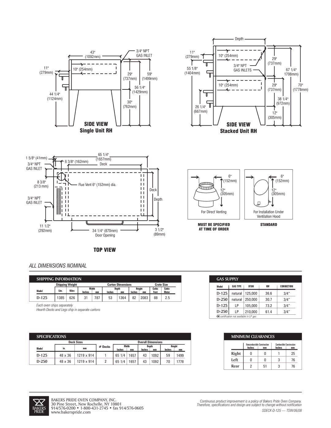 Bakers Pride Oven D-125 Single, D-250 Double specifications Side View, TOP View 