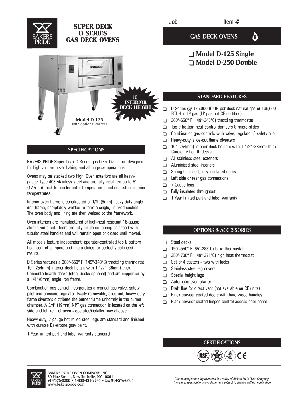 Bakers Pride Oven specifications Model D-125 Single Model D-250 Double, Gas Deck Ovens, Job Item #, Super Deck 