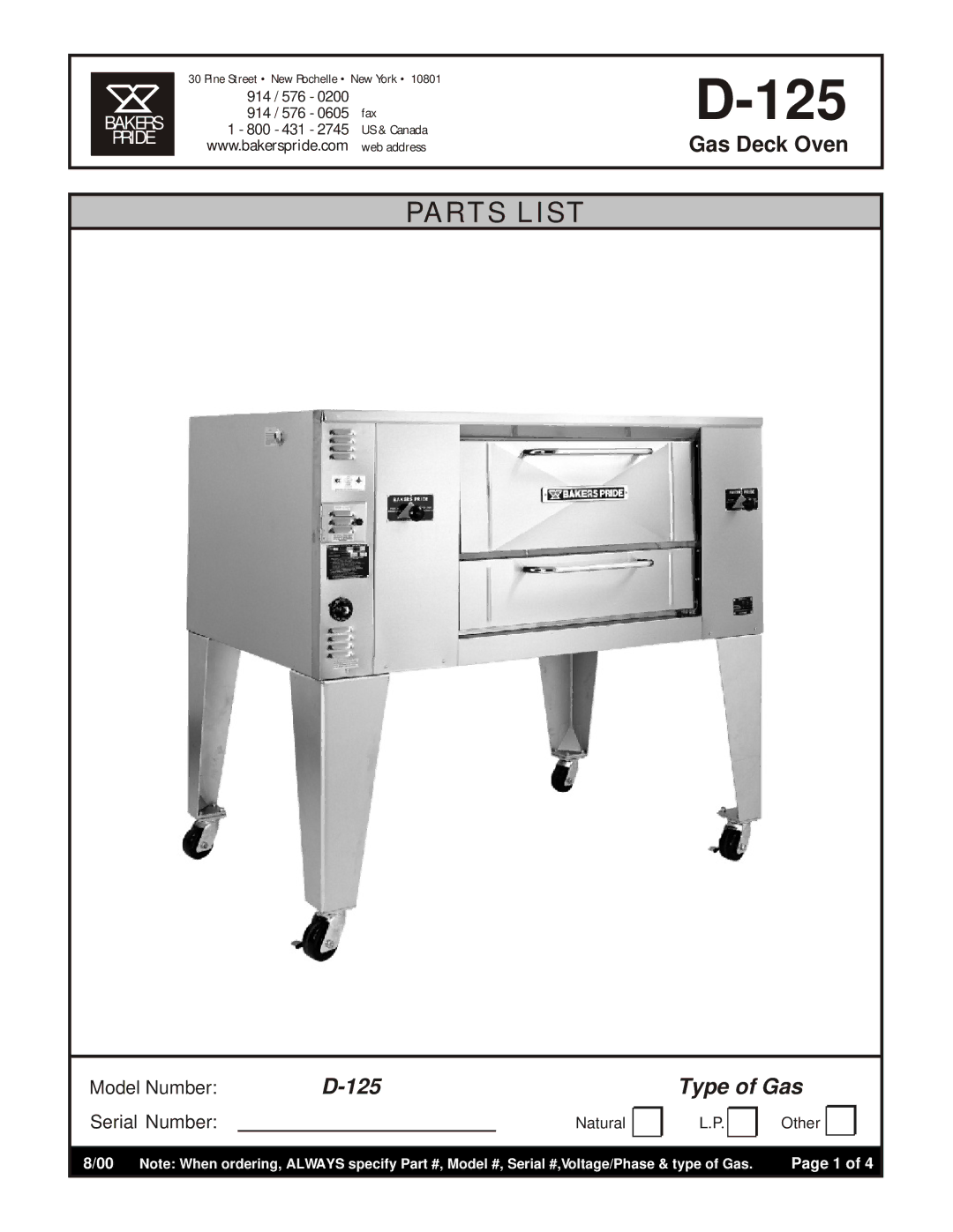 Bakers Pride Oven D-125 manual 