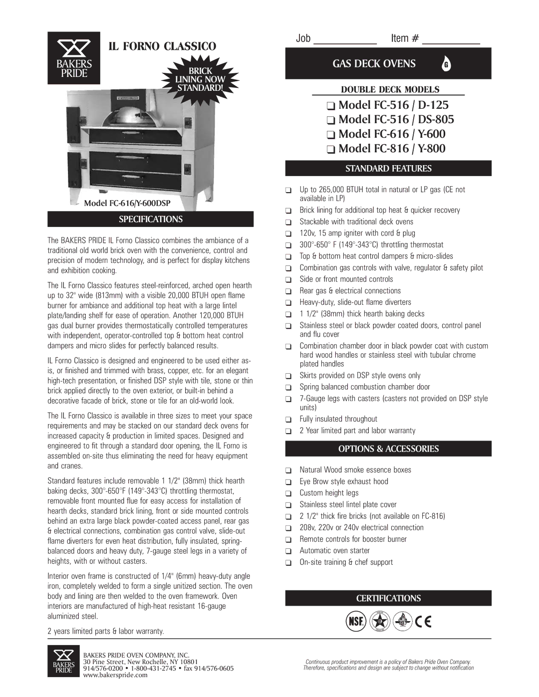 Bakers Pride Oven D-125 specifications Lining NOW Standard, Specifications, Standard Features, Options & Accessories 