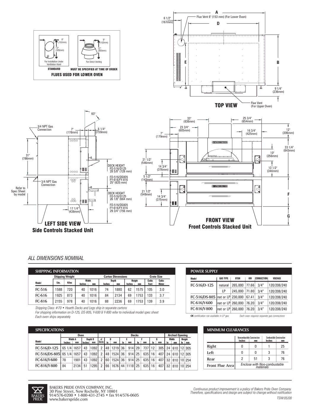 Bakers Pride Oven D-125 specifications Shipping Information, Power Supply, Specifications 