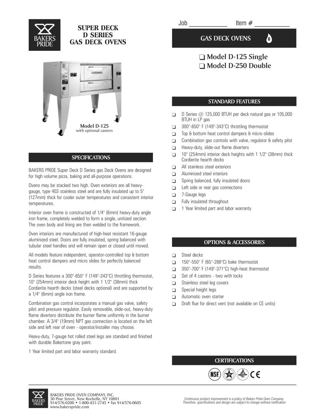 Bakers Pride Oven D-125, D-250 specifications Specifications, Standard Features, Options & Accessories, Certifications 