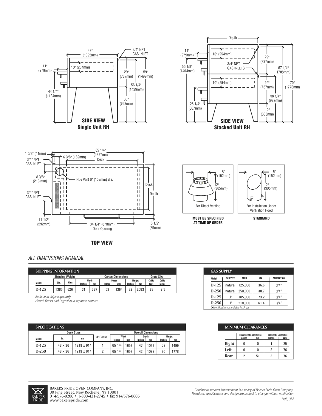 Bakers Pride Oven D-250, D-125 specifications Single Unit RH, Stacked Unit RH 