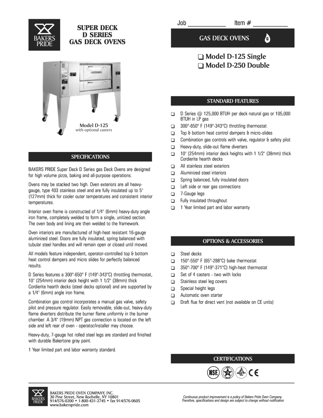 Bakers Pride Oven D-125 manual Parts List, Type of Gas, Gas Deck Oven, Model Number, Serial Number, 0200, 0605, 2745 