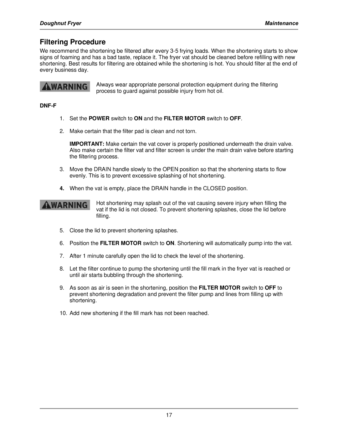 Bakers Pride Oven DNF-F operation manual Filtering Procedure, Dnf-F 