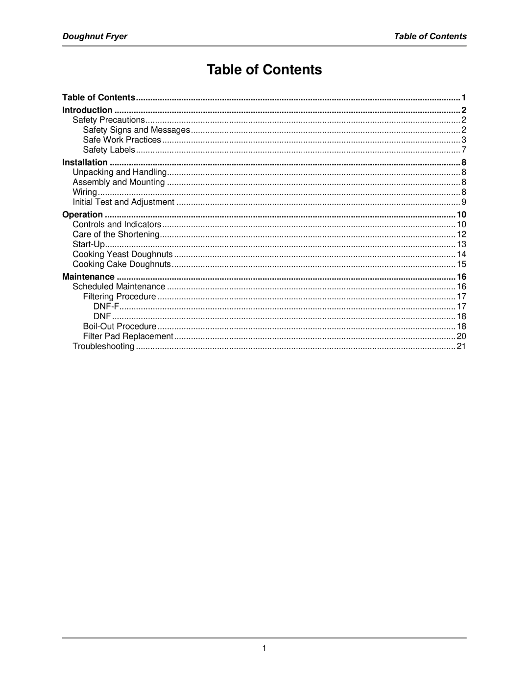 Bakers Pride Oven DNF-F operation manual Table of Contents 