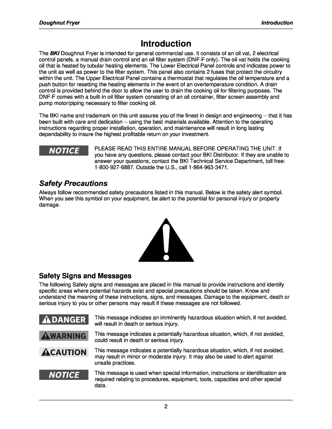 Bakers Pride Oven DNF-F operation manual Introduction, Safety Precautions, Safety Signs and Messages, Doughnut Fryer 