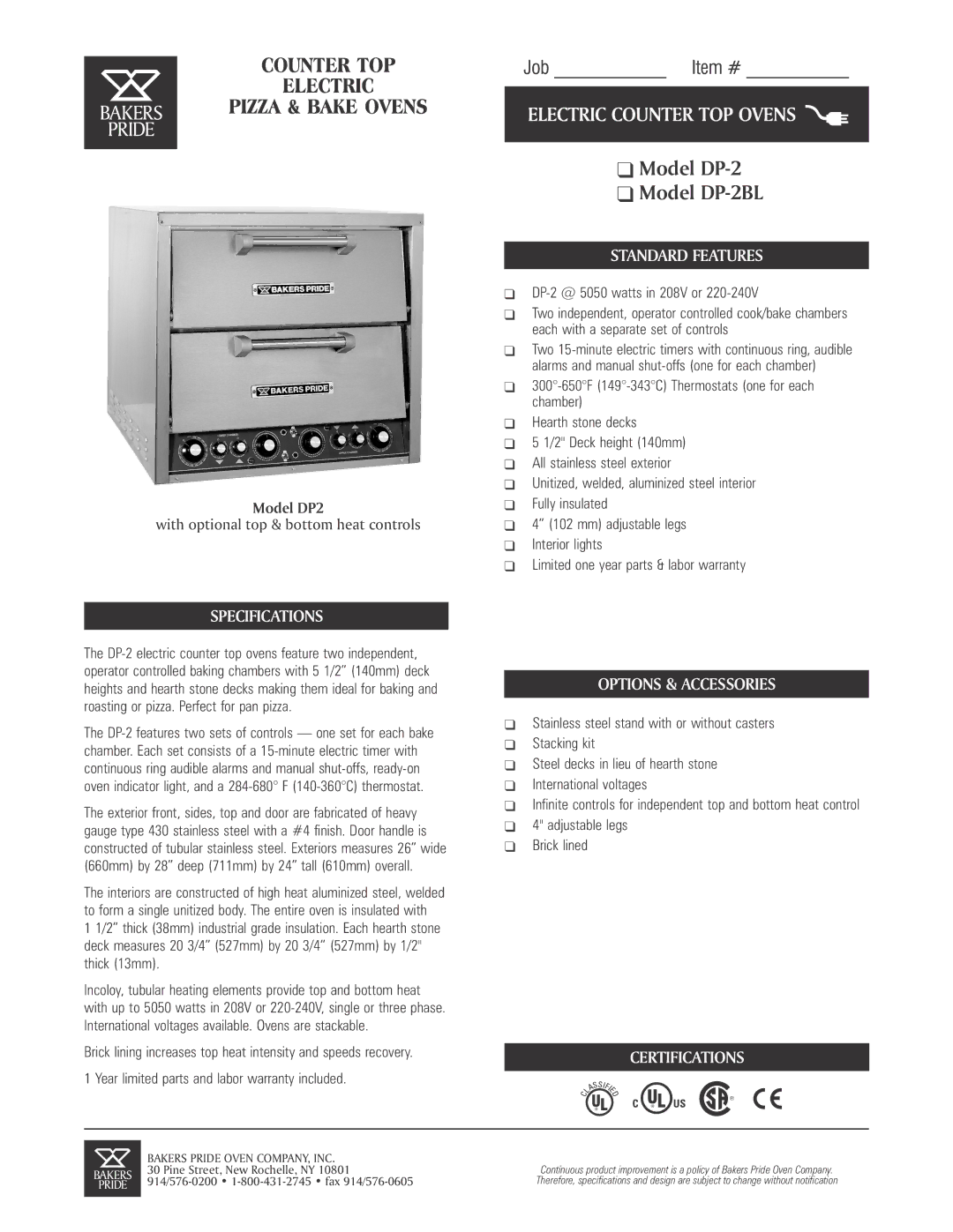 Bakers Pride Oven DP-2BL specifications Standard Features, Specifications, Certifications, DP-2 @ 5050 watts in 208V or 