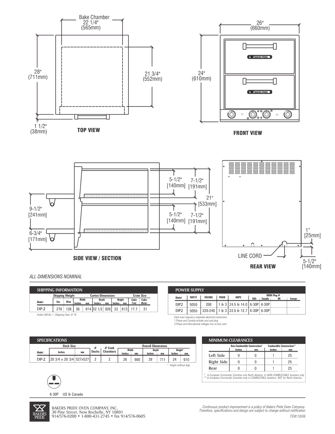 Bakers Pride Oven DP-2BL specifications 711mm, 21 3/4, 533mm 241mm5-1/2 7-1/2 140mm 191mm 4 171mm, 25mm 2 140mm 