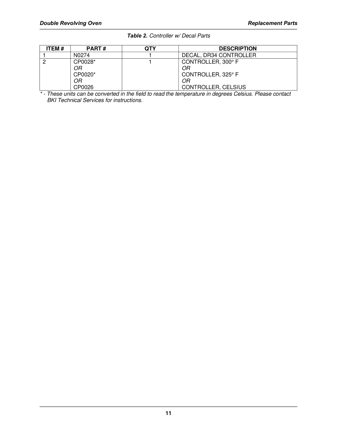 Bakers Pride Oven DR-34 service manual DECAL, DR34 Controller 